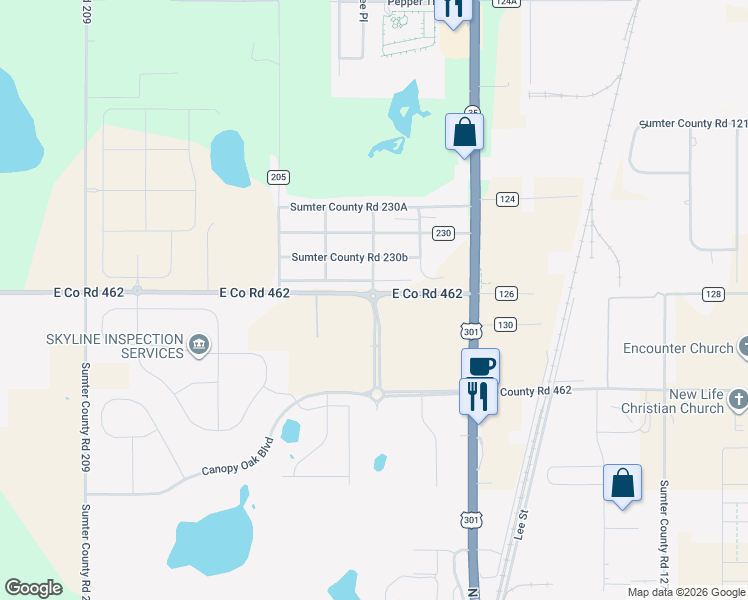 map of restaurants, bars, coffee shops, grocery stores, and more near 3770 East Co Road 462 in Wildwood