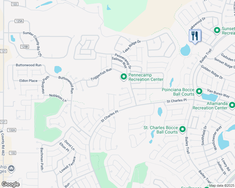 map of restaurants, bars, coffee shops, grocery stores, and more near 2081 Fawnridge Court in The Villages