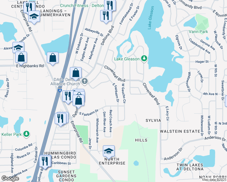 map of restaurants, bars, coffee shops, grocery stores, and more near 850 East Fairbairn Drive in Deltona