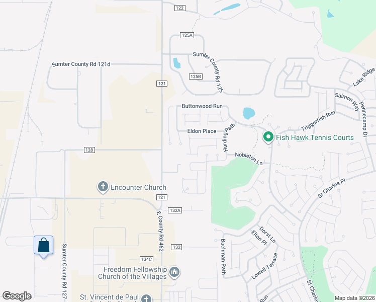 map of restaurants, bars, coffee shops, grocery stores, and more near 2568 Red Cedar Lane in The Villages