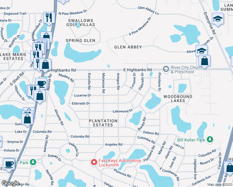 map of restaurants, bars, coffee shops, grocery stores, and more near 211 Lucerne Drive in DeBary