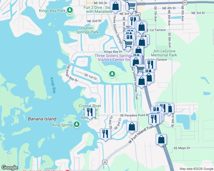 map of restaurants, bars, coffee shops, grocery stores, and more near 940 Southeast Paradise Avenue in Crystal River