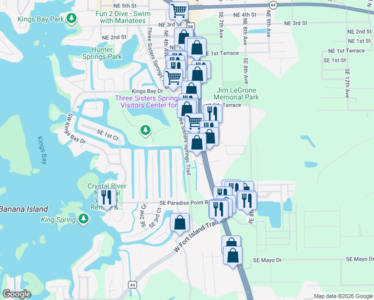 map of restaurants, bars, coffee shops, grocery stores, and more near 600 Three Sisters Springs Trail in Crystal River