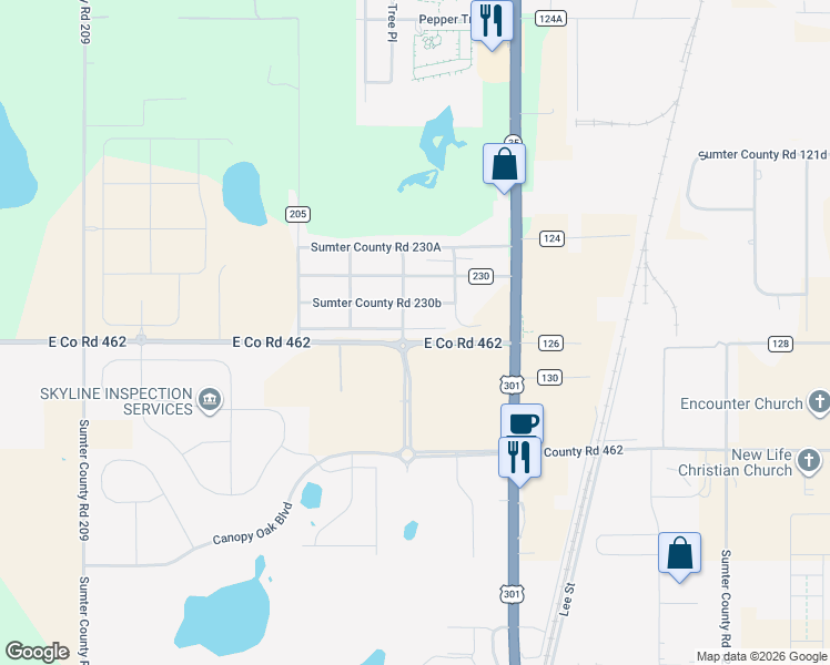 map of restaurants, bars, coffee shops, grocery stores, and more near 3770 East Co Road 462 in Wildwood