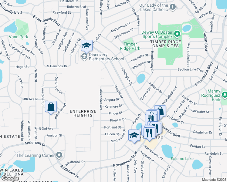 map of restaurants, bars, coffee shops, grocery stores, and more near 1026 Norwood Drive in Deltona
