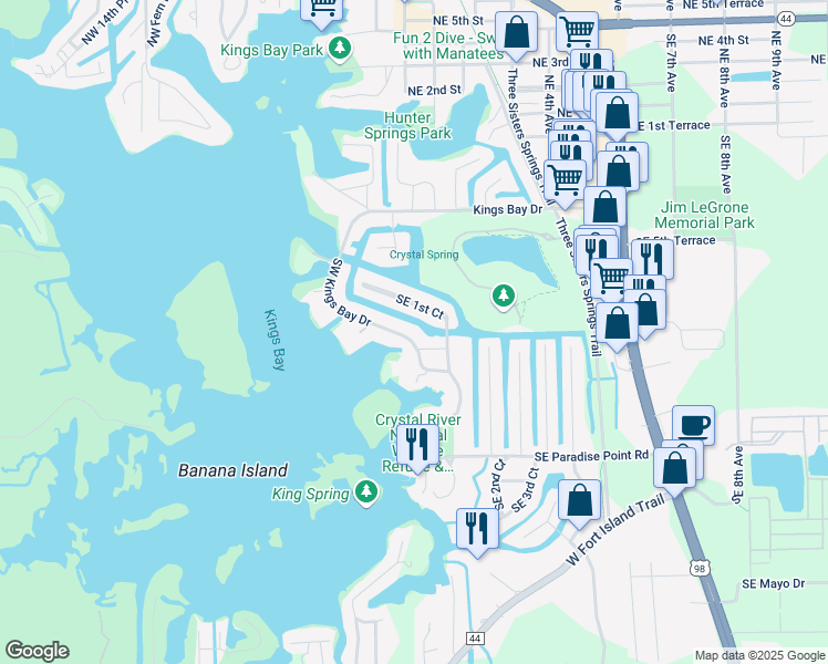 map of restaurants, bars, coffee shops, grocery stores, and more near 746 Southeast 1st Court in Crystal River
