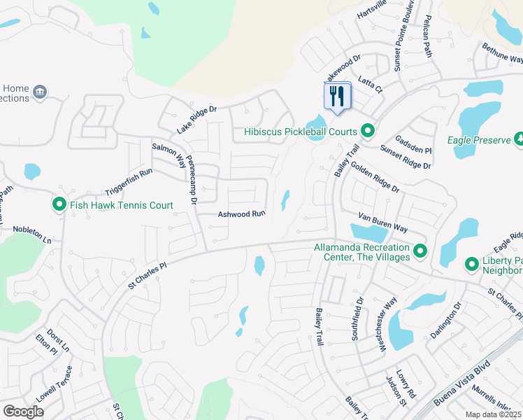 map of restaurants, bars, coffee shops, grocery stores, and more near 1886 Ashwood Run in The Villages