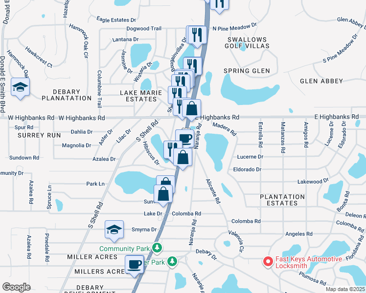 map of restaurants, bars, coffee shops, grocery stores, and more near 9 South Charles Richard Beall Boulevard in DeBary