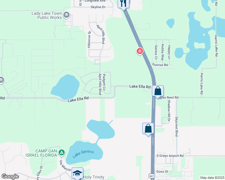 map of restaurants, bars, coffee shops, grocery stores, and more near 1242 Padgett Circle in Lady Lake