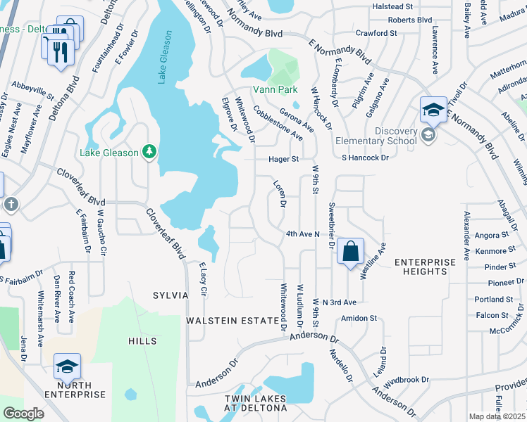 map of restaurants, bars, coffee shops, grocery stores, and more near 647 4th Avenue North in Deltona