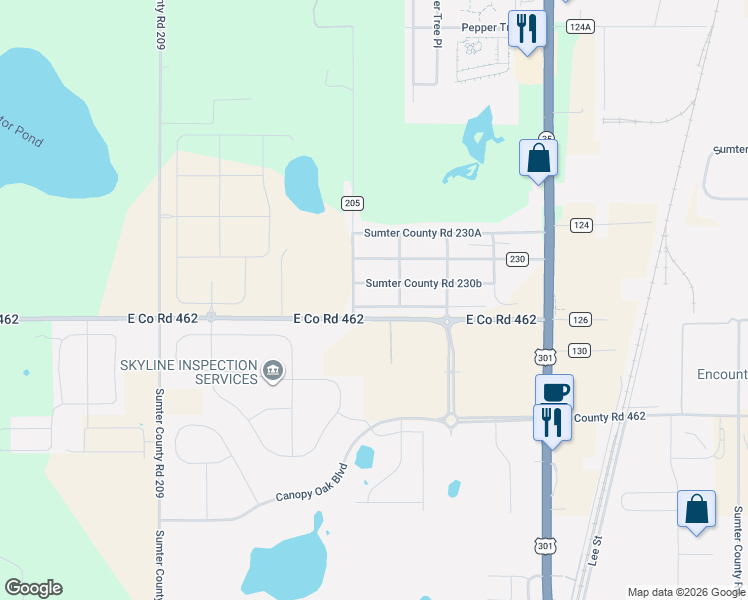 map of restaurants, bars, coffee shops, grocery stores, and more near 9080 County Road 205A in Wildwood