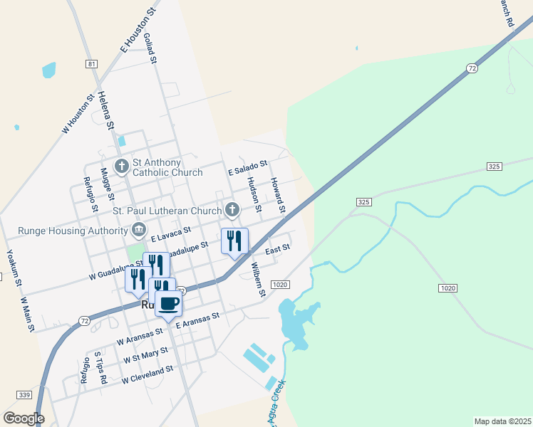 map of restaurants, bars, coffee shops, grocery stores, and more near 501 Hudson Street in Runge