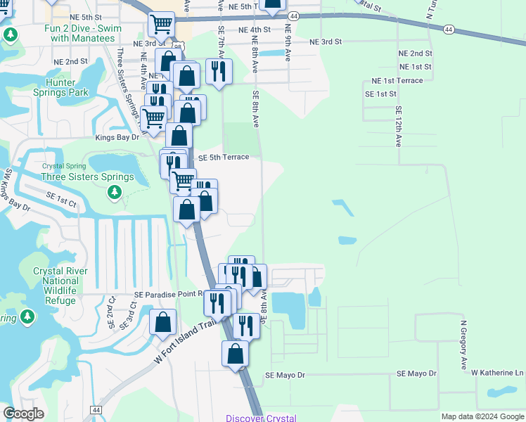 map of restaurants, bars, coffee shops, grocery stores, and more near 1340 Southeast 8th Avenue in Crystal River
