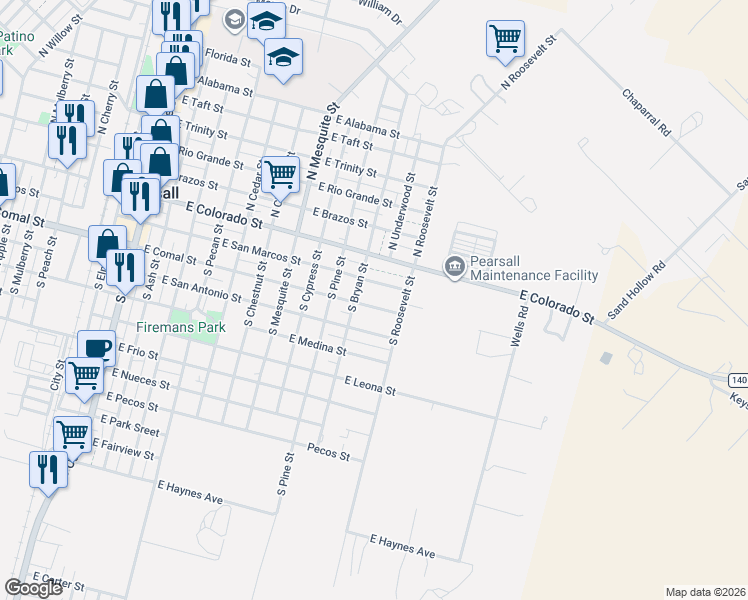 map of restaurants, bars, coffee shops, grocery stores, and more near 1202 East San Marcos Street in Pearsall
