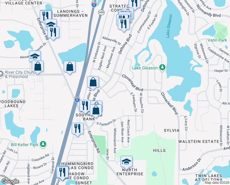 map of restaurants, bars, coffee shops, grocery stores, and more near 932 North Fairbairn Drive in Deltona