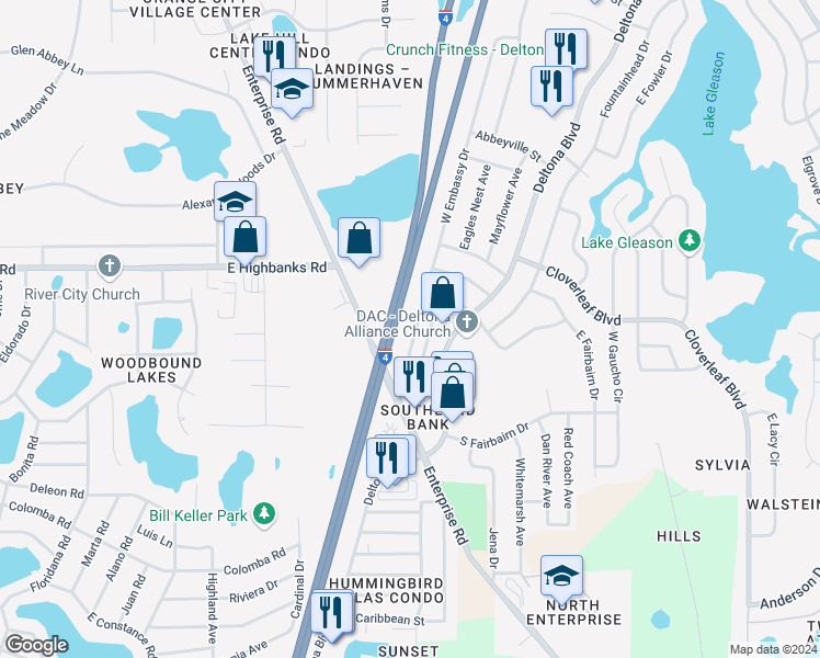 map of restaurants, bars, coffee shops, grocery stores, and more near 944 West Embassy Drive in Deltona