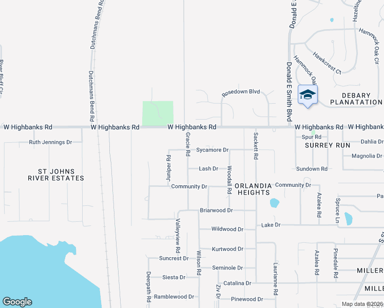 map of restaurants, bars, coffee shops, grocery stores, and more near 21 Gracie Road in DeBary