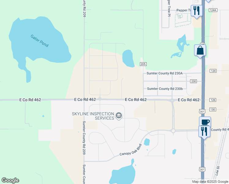map of restaurants, bars, coffee shops, grocery stores, and more near 3220 East Co Road 462 in Wildwood