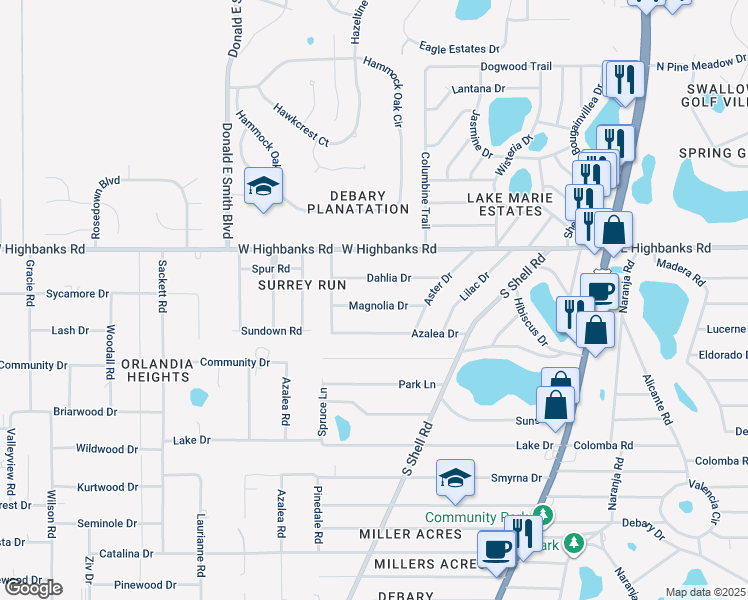map of restaurants, bars, coffee shops, grocery stores, and more near 58 Magnolia Drive in DeBary