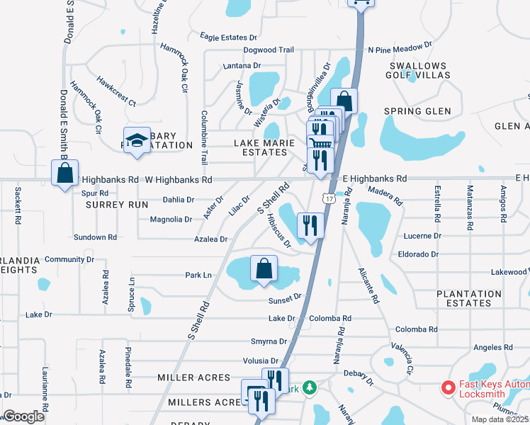 map of restaurants, bars, coffee shops, grocery stores, and more near 24 Hibiscus Drive in DeBary