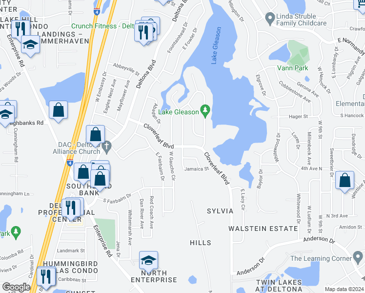 map of restaurants, bars, coffee shops, grocery stores, and more near 397 Cloverleaf Boulevard in Deltona