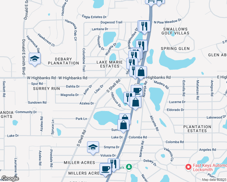 map of restaurants, bars, coffee shops, grocery stores, and more near 24 Hibiscus Drive in DeBary