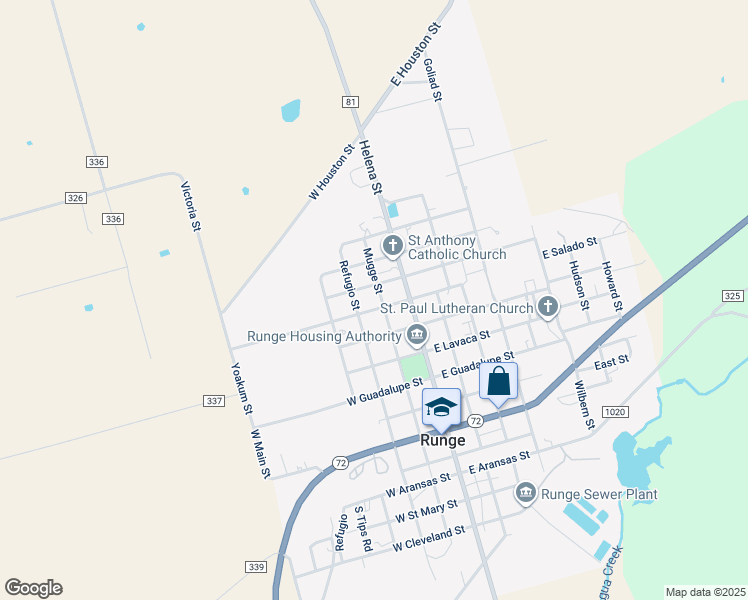 map of restaurants, bars, coffee shops, grocery stores, and more near 703 Mugge Street in Runge