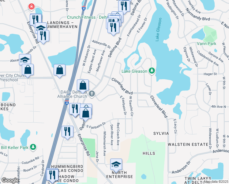 map of restaurants, bars, coffee shops, grocery stores, and more near 902 East Fairbairn Drive in Deltona