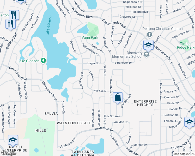 map of restaurants, bars, coffee shops, grocery stores, and more near 944 Dwyer Street in Deltona