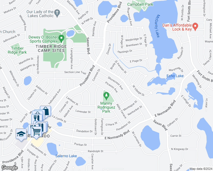 map of restaurants, bars, coffee shops, grocery stores, and more near 940 Picasso Avenue in Deltona