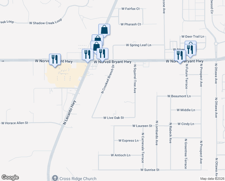 map of restaurants, bars, coffee shops, grocery stores, and more near 1741 North Crooked Branch Drive in Lecanto