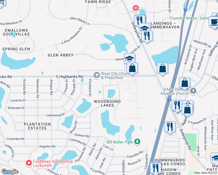 map of restaurants, bars, coffee shops, grocery stores, and more near 313 Green Reed Road in DeBary