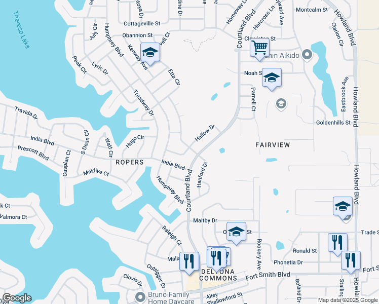 map of restaurants, bars, coffee shops, grocery stores, and more near 3037 Hallow Drive in Deltona