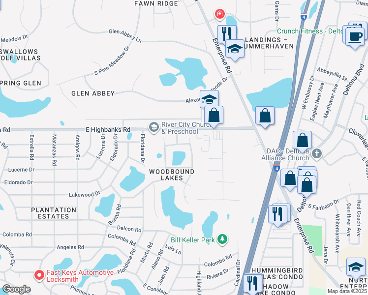 map of restaurants, bars, coffee shops, grocery stores, and more near 313 Green Reed Road in DeBary