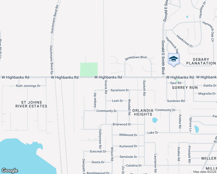 map of restaurants, bars, coffee shops, grocery stores, and more near 21 Gracie Road in DeBary
