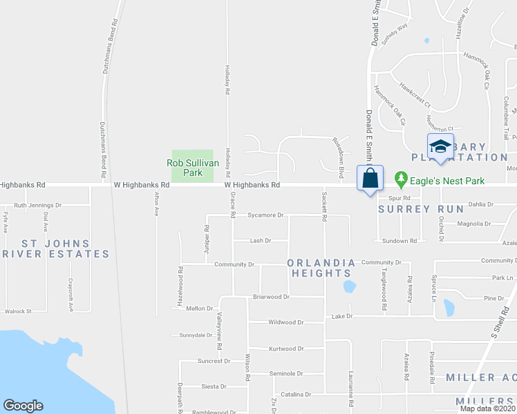 map of restaurants, bars, coffee shops, grocery stores, and more near 164 Sycamore Drive in DeBary