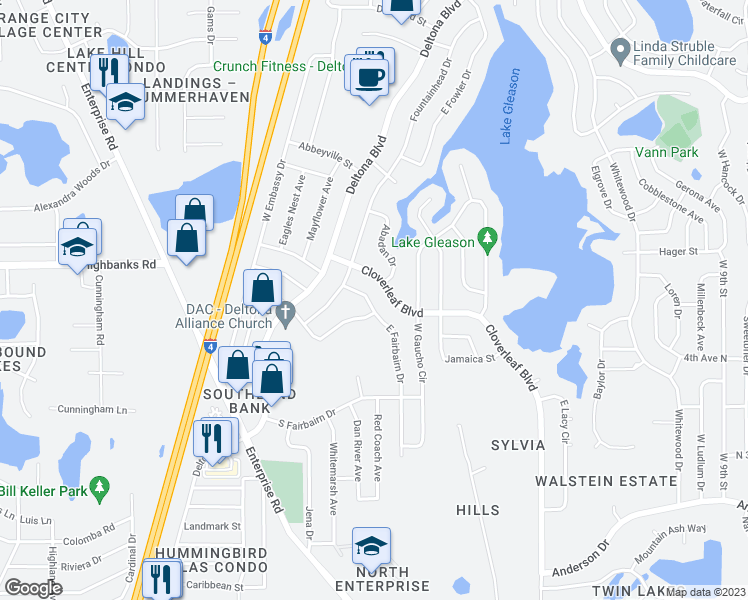 map of restaurants, bars, coffee shops, grocery stores, and more near 907 East Fairbairn Drive in Deltona