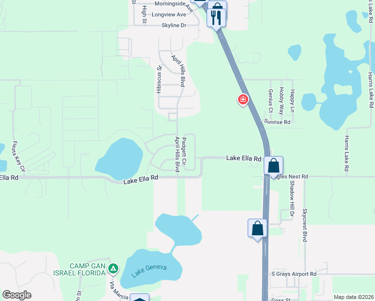 map of restaurants, bars, coffee shops, grocery stores, and more near 1216 Padgett Circle in Lady Lake