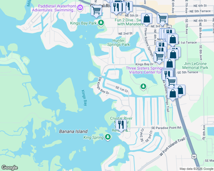 map of restaurants, bars, coffee shops, grocery stores, and more near 632 Southeast 1st Court in Crystal River