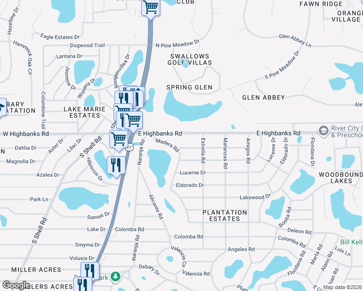 map of restaurants, bars, coffee shops, grocery stores, and more near 121 East Highbanks Road in DeBary