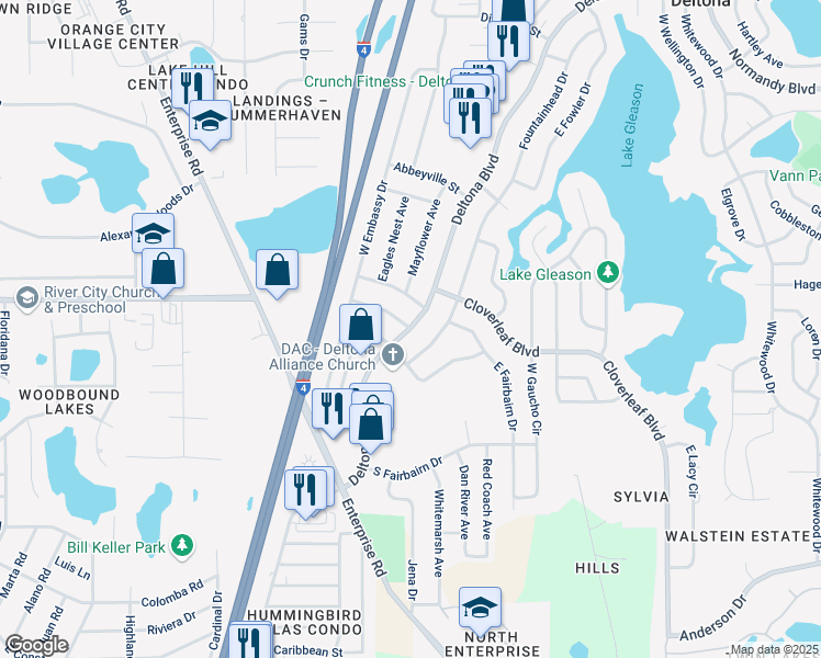 map of restaurants, bars, coffee shops, grocery stores, and more near 963 Deltona Boulevard in Deltona