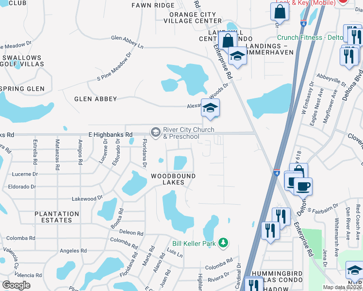 map of restaurants, bars, coffee shops, grocery stores, and more near 2 Woodbound Lane in DeBary