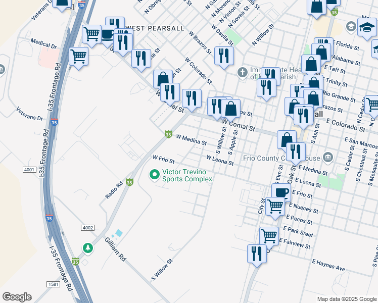map of restaurants, bars, coffee shops, grocery stores, and more near 527 South Bernal Street in Pearsall