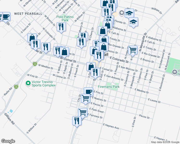 map of restaurants, bars, coffee shops, grocery stores, and more near 301-399 South Elm Street in Pearsall