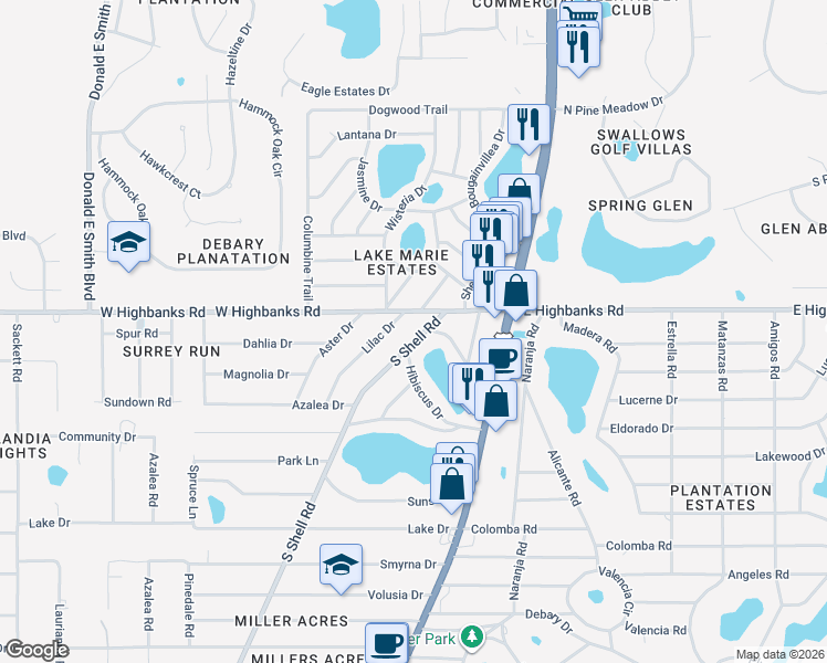 map of restaurants, bars, coffee shops, grocery stores, and more near 25 West Highbanks Road in DeBary