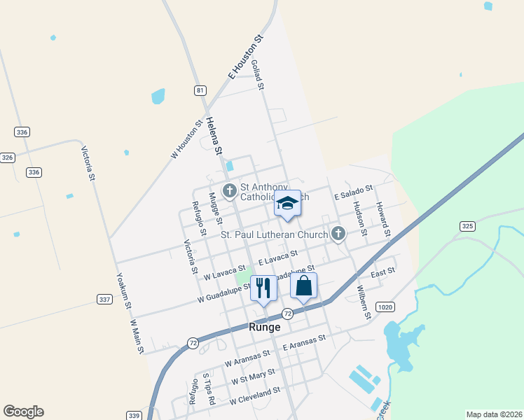 map of restaurants, bars, coffee shops, grocery stores, and more near 205 East Cibolo Street in Runge