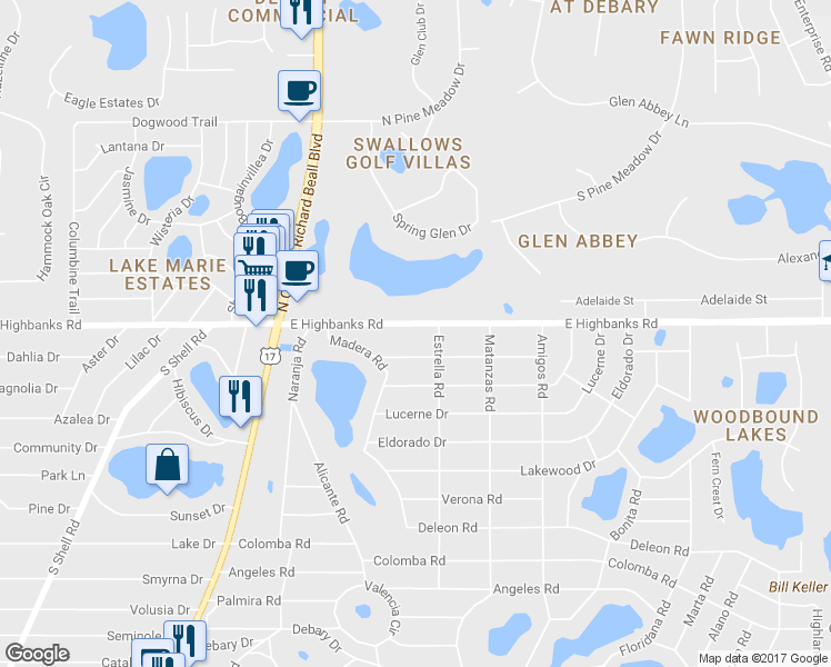 map of restaurants, bars, coffee shops, grocery stores, and more near 133 East Highbanks Road in DeBary