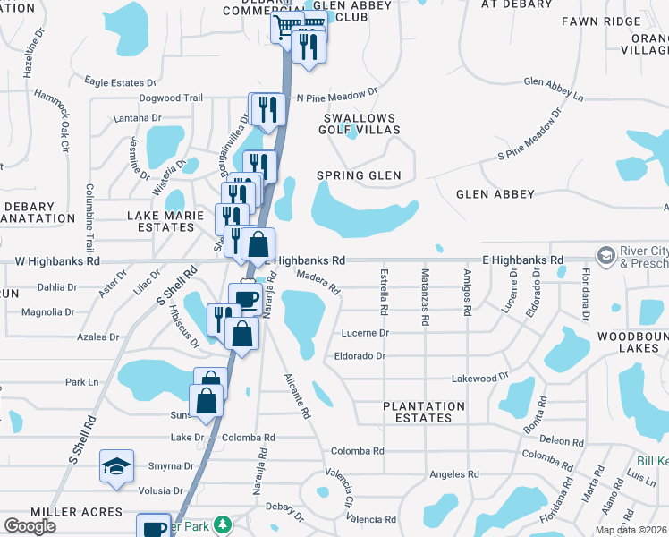 map of restaurants, bars, coffee shops, grocery stores, and more near 121 East Highbanks Road in DeBary