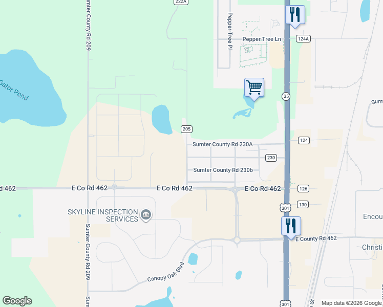 map of restaurants, bars, coffee shops, grocery stores, and more near 3526 County Road 230 in Wildwood