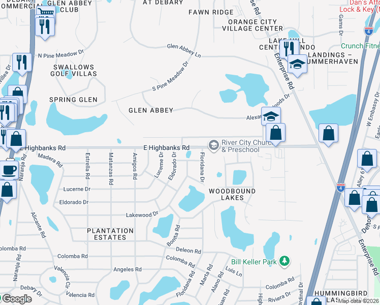 map of restaurants, bars, coffee shops, grocery stores, and more near 243 East Highbanks Road in DeBary